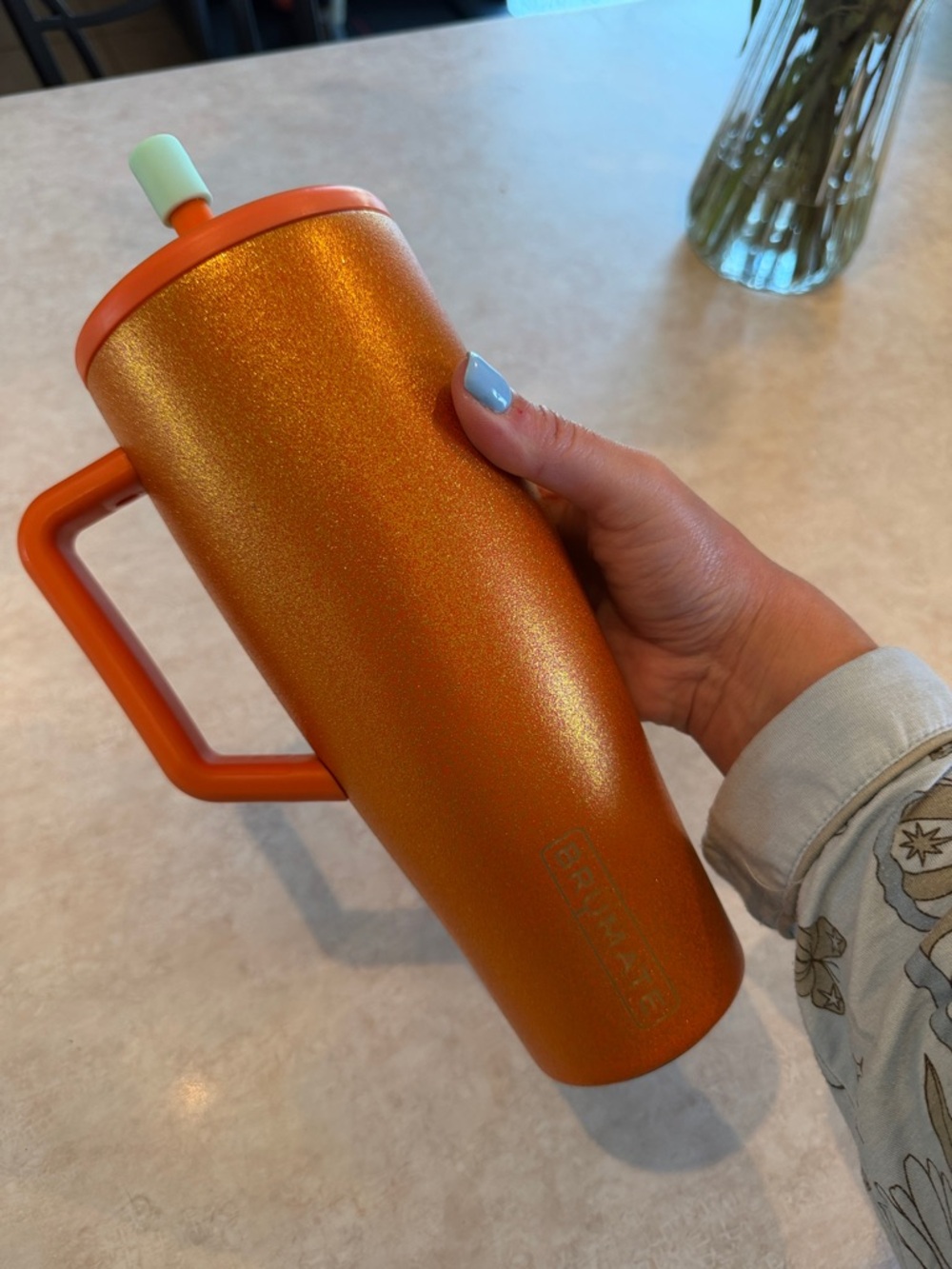 Brumate “Showtime” Era 40oz Orange Glitter with Turquoise Magnetic Straw Topper